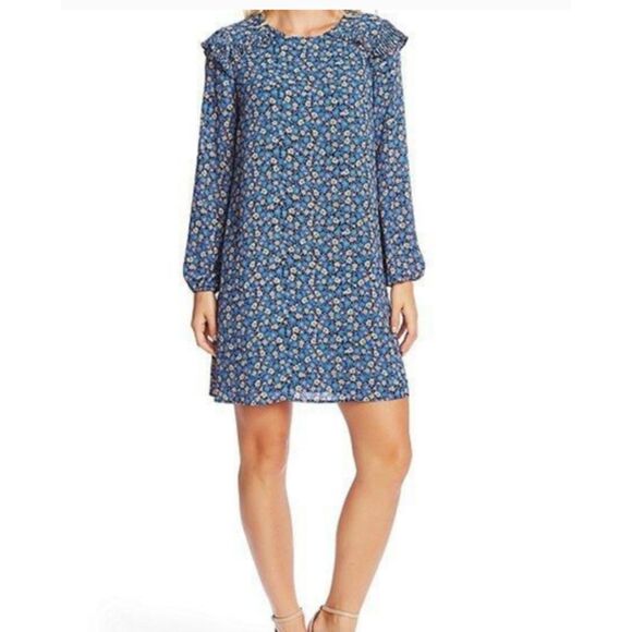Cece ruffle neck tunic dress blue floral print size small new - Picture 1 of 6